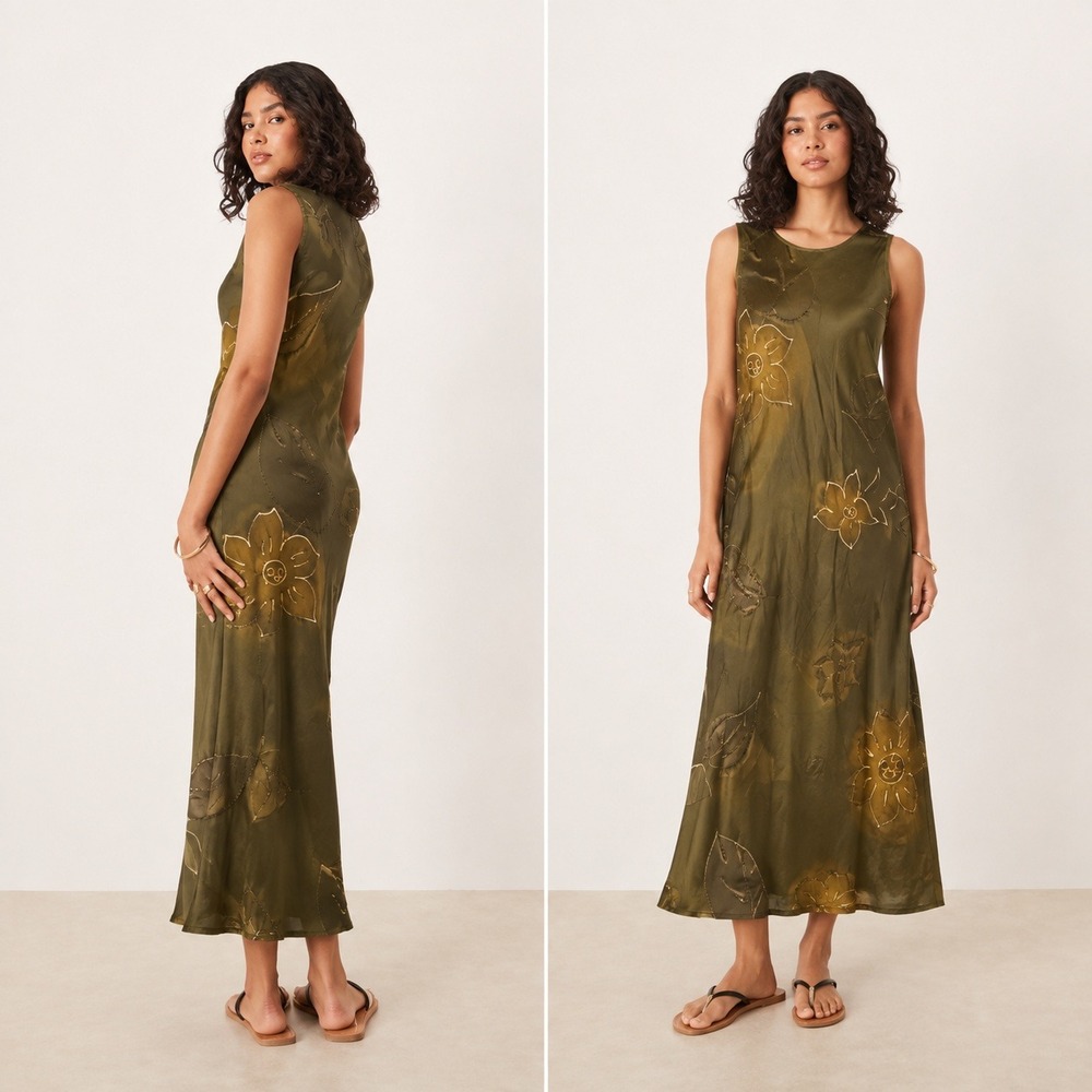 Carole Liz Vintage Olive Dark Green Batik Ethereal Fairy Floral Midi Dress Sz M